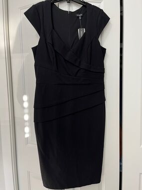 le chateau Black Cap-Sleeve Faux-Wrap Midi Sheath Dress